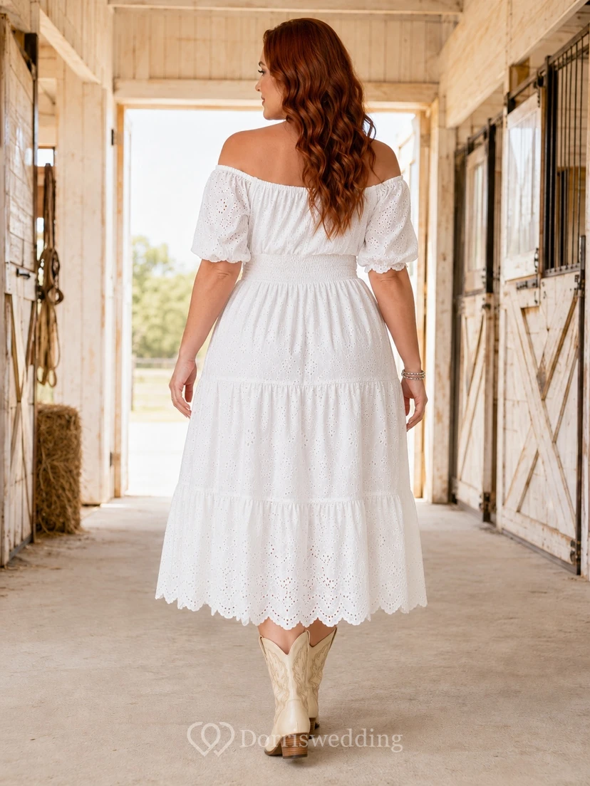 Plus Size Western Baumwollkleid mit schulterfreiem Design, Dreiviertel-Puffärmeln, Stufenrock und Teelänge view 2