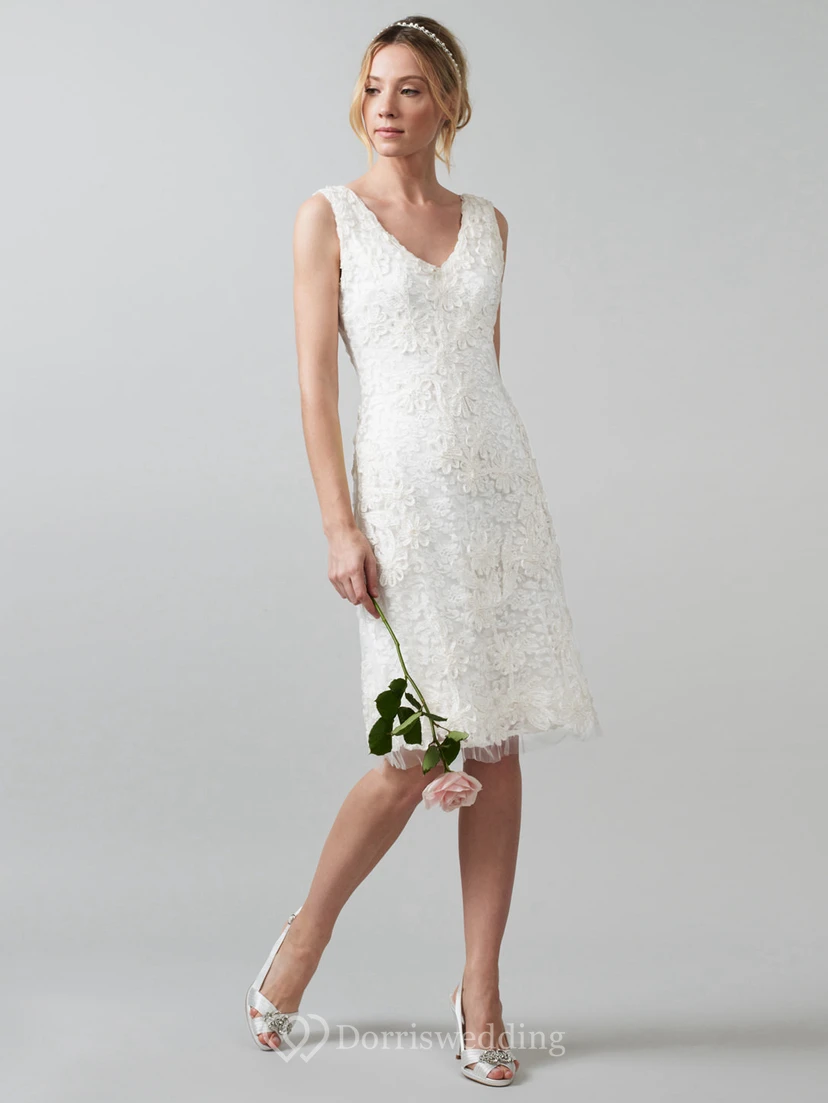 Midi V-Neck Appliqued Lace Wedding Dress With V Back
