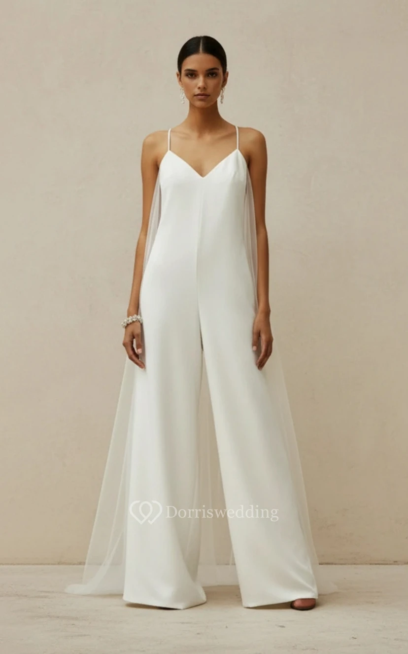 Hochzeitsjumpsuit mit V-Ausschnitt, Tüllcape und weitem Bein