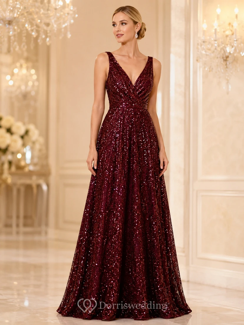 Burgunderfarbenes Pailletten-Abendkleid in A-Linie mit V-Ausschnitt