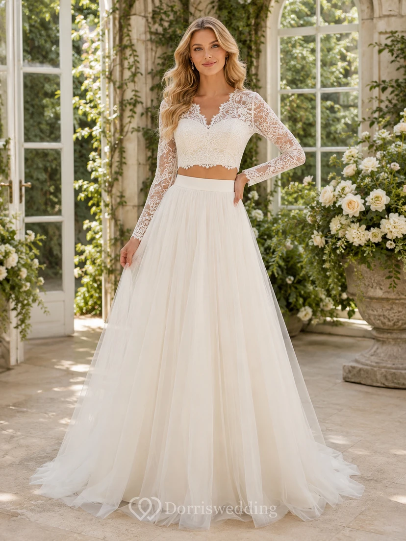 Beach Lace Tulle Wedding Dress Two Piece V-Neck Long Sleeve Sweep Train Bridal Gown