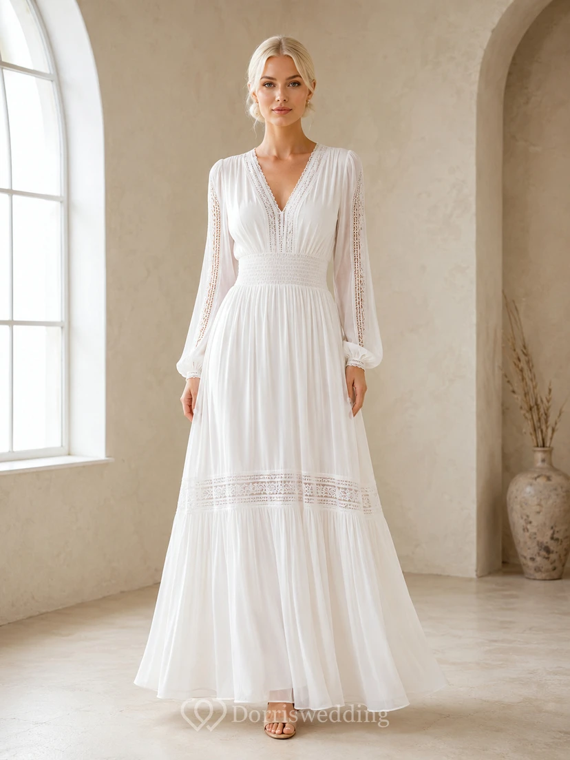 Vestido bohemio de gasa con escote en V, manga larga, corte en A, estilo bohemio, ideal para renovación de votos matrimoniales.