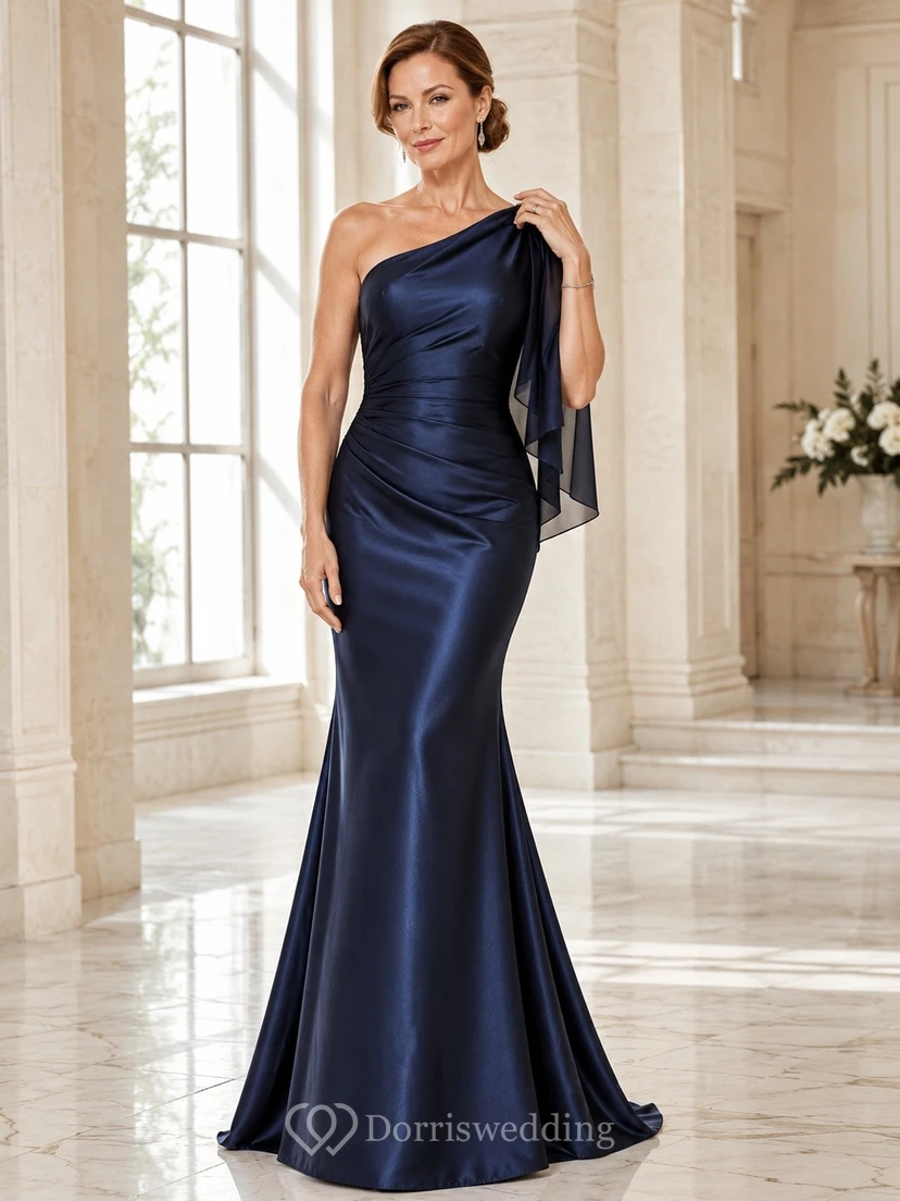Dark Navy One-Shoulder Satin Mermaid Sweep Train Dress
