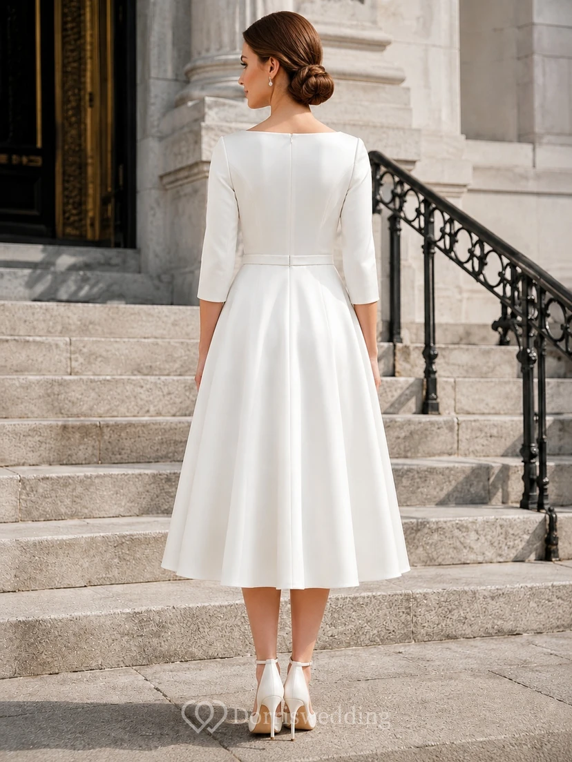 Vintage Teelänge, eckiger Ausschnitt, Dreiviertelärmel, schlichtes Satin-A-Linien-Brautkleid für standesamtliche Trauungen view 2