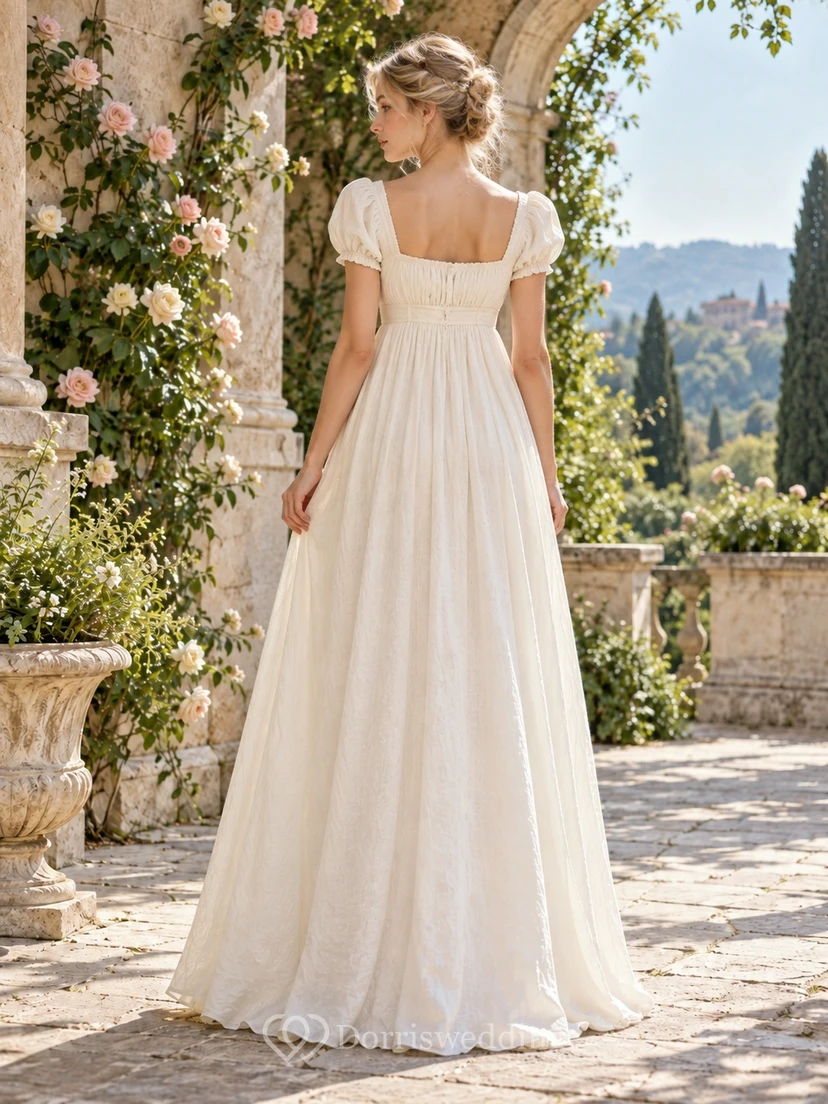 Robe de mariée longue empire à col carré simple et manches bouffantes, style Régence, pour une fugue amoureuse view 2