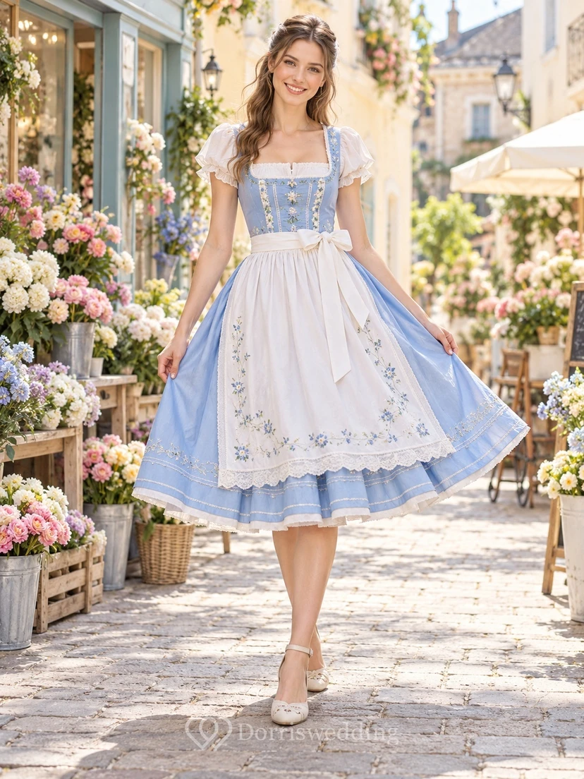 Vintage Sky Blue Square Neck Puff Sleeve Floral Dirndl Dress