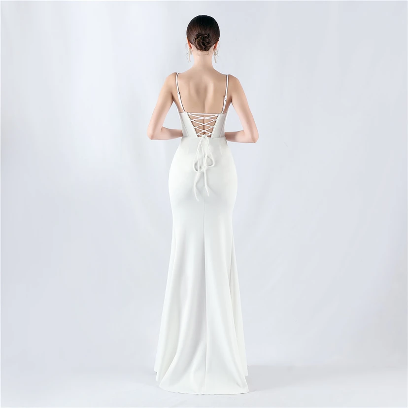 Fishbone Waist Strap Satin Host Meeting Evening Dress view 6