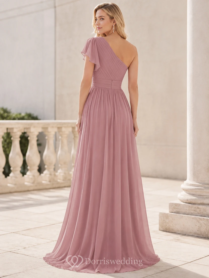 Dusty rose one shoulder flutter sleeve chiffon floor dress view 2