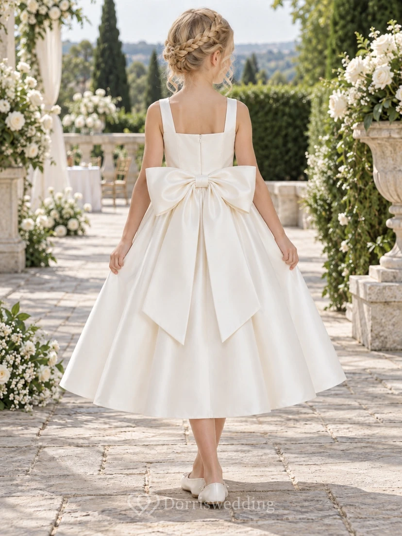 Tea-length Square Neck Simple Ivory A-line Satin Sleeveless Bow-back Flower Girl Dress view 2