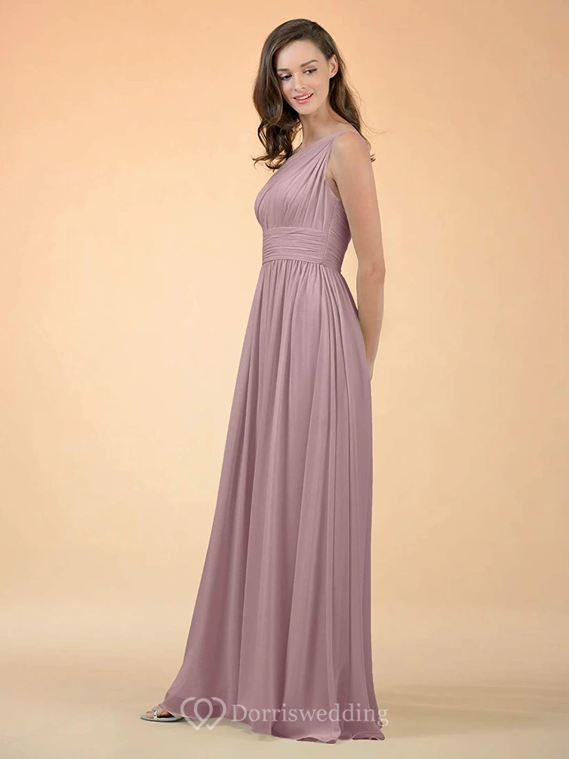 Simple One-shoulder A Line Sleeveless Floor-length Chiffon Bridesmaid Dress With Ruching view 8
