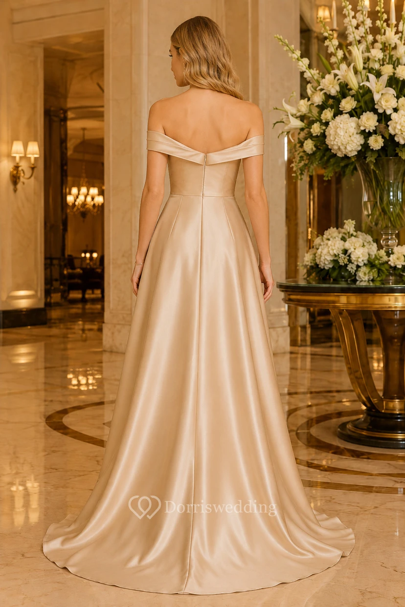 Champagne Off Shoulder Satin A-Line Wedding Dress with Sweep Train view 2