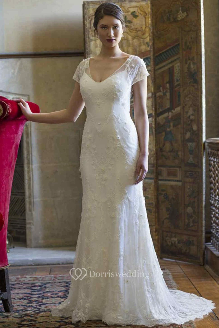 Sheath V-Neck Floor-Length Cap-Sleeve Lace Wedding Dress With Appliques And Keyhole