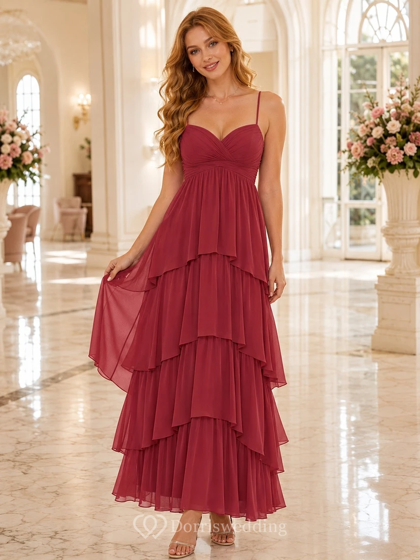 Romantic Burgundy Spaghetti Sweetheart Tiered Chiffon A-Line Dress