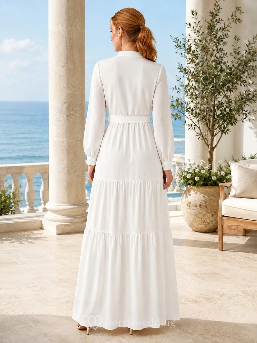 White Notched-Neck Long-Sleeve Chiffon A-Line Floor-length Tiered Modest Guest Dress view 2
