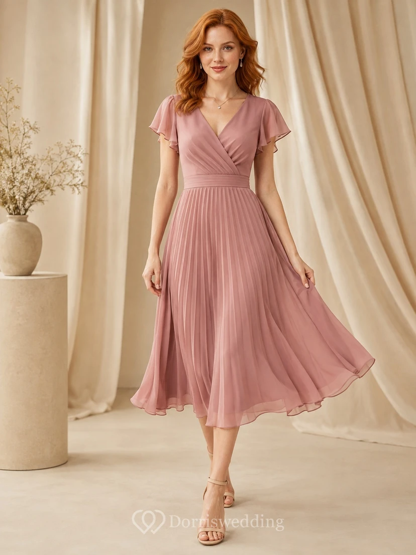 Robe de cocktail plissée en mousseline rose poudré, col en V, manches papillon, coupe trapèze, longueur genou