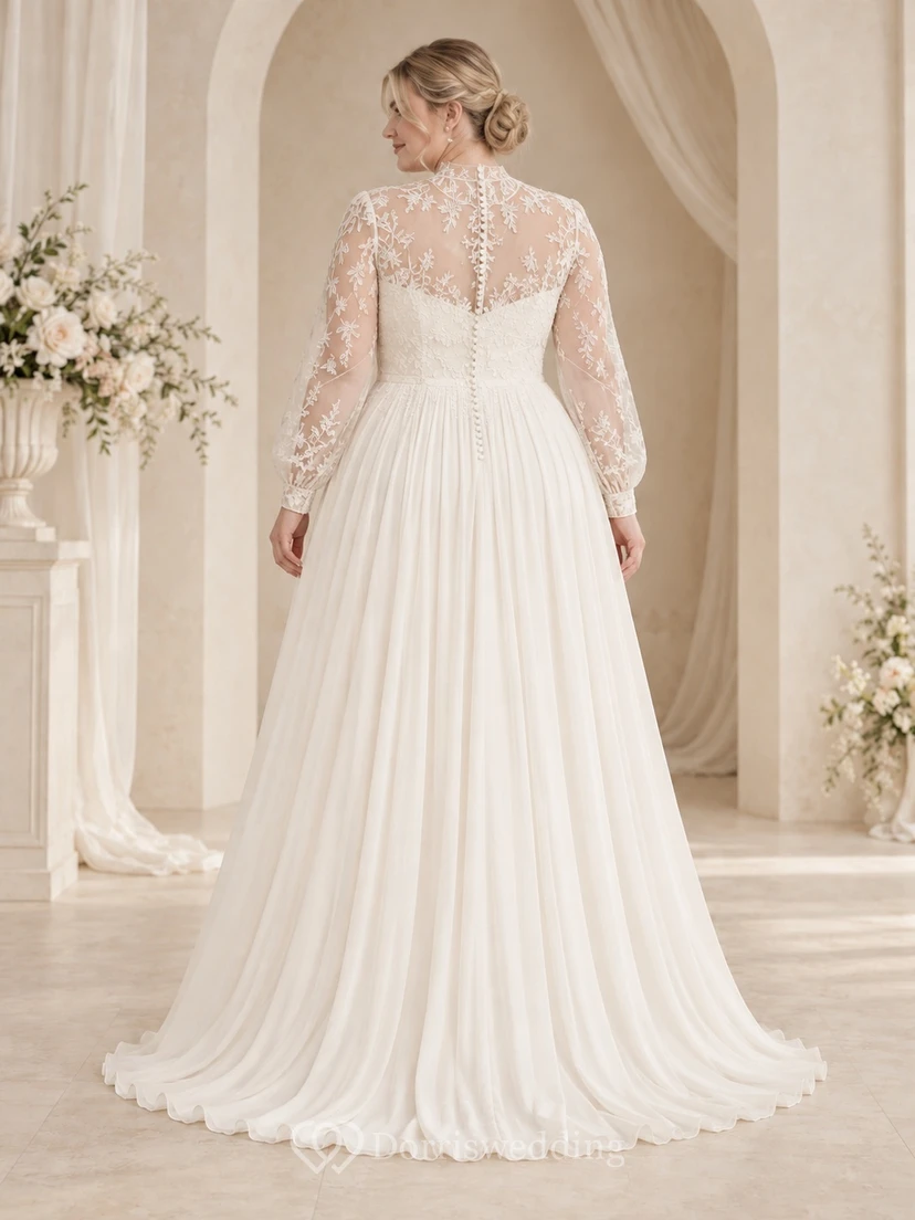 Vestido de novia modesto de gasa de encaje con cuello alto y manga larga, corte en A y espalda ilusión. view 2
