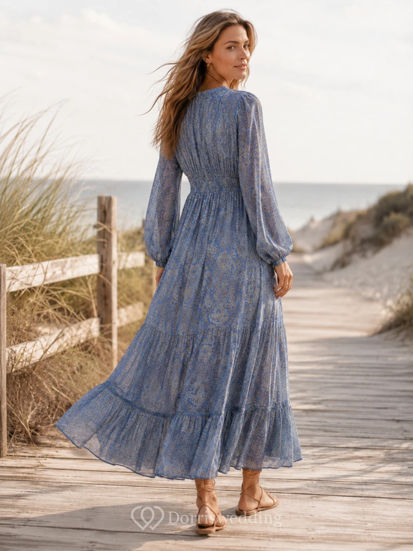 Steel Blue Printed V-Neck Poet Sleeve Bohemian Maxi Dress Beach view 2