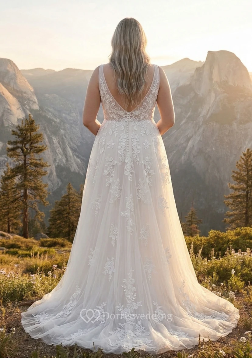 Plus Size A-Line Wedding Dress with V-Neck Lace Bodice and Tulle Skirt view 2