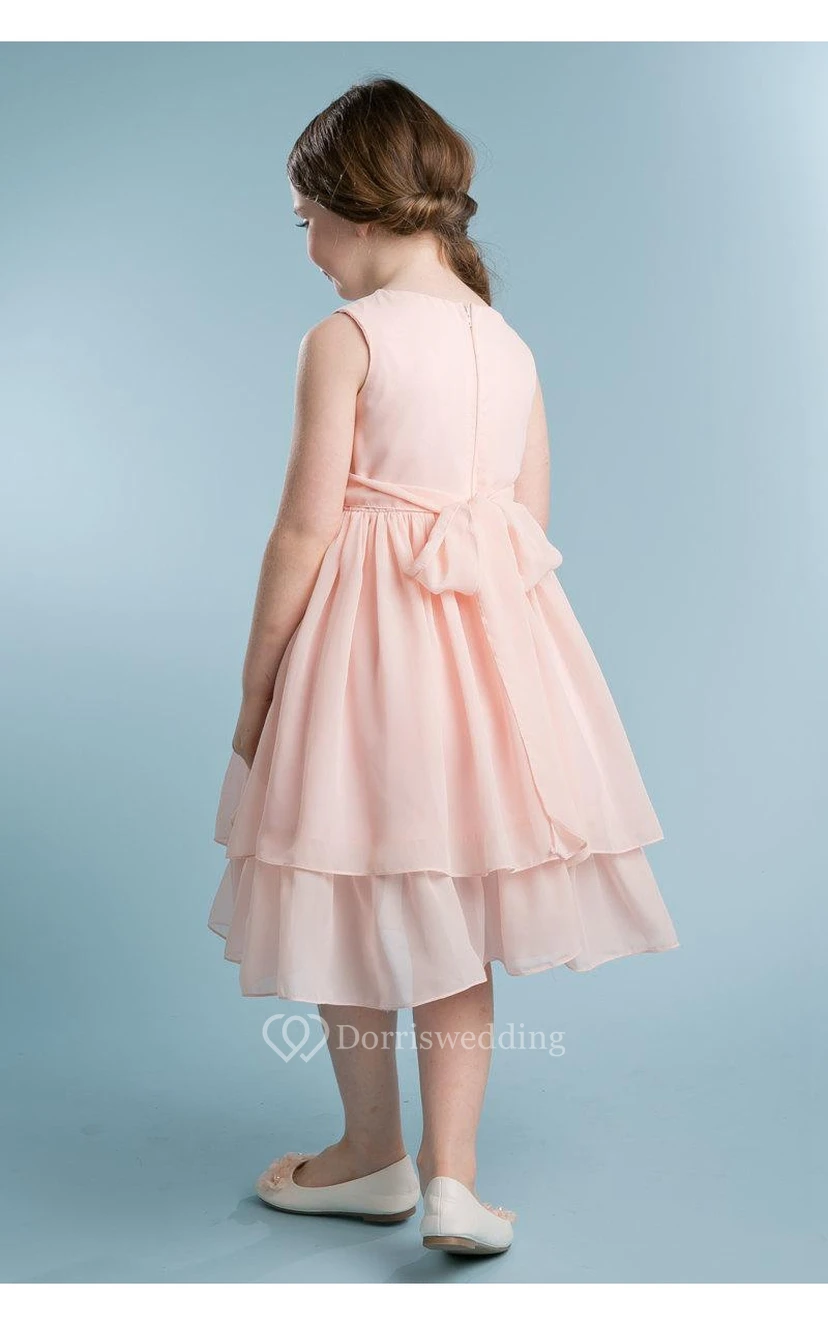 Sleeveless A-line Layered Chiffon Short Dress With Sequined Sash and Pleats view 3