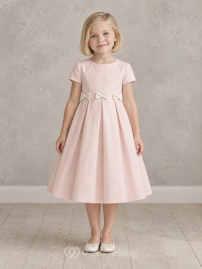 Simple Modest Blush Tea-length Short Sleeve Small Bow Gently Pleated Flower Girl Dress