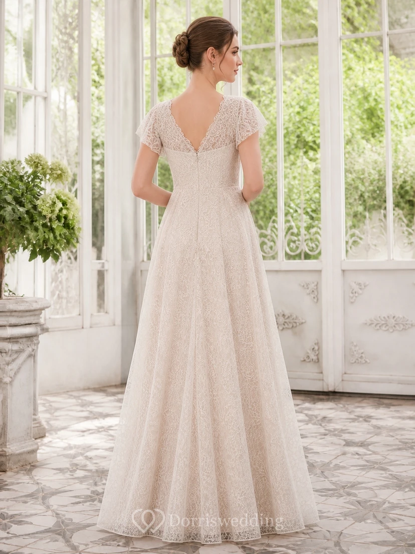 Robe de mère rose poudré, coupe trapèze, col en V, dentelle courte, longueur au sol view 2