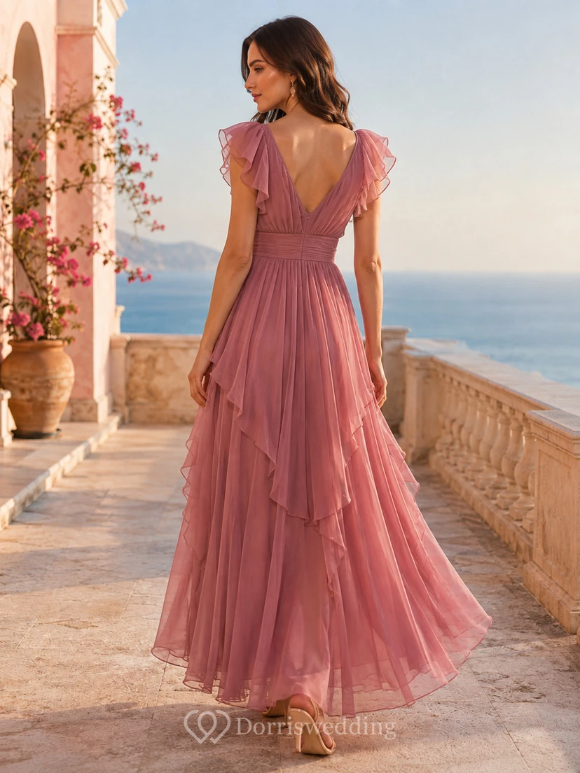 Romantic Vintage-Mauve V-Neck Flutter-Sleeve Tiered Chiffon High-Low A-Line Bridesmaid Dress view 2