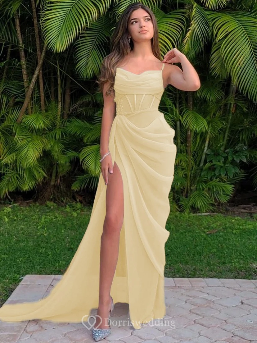Spaghetti Ruched Sexy Front Split Sheath Side-ruched Prom Dress view 8