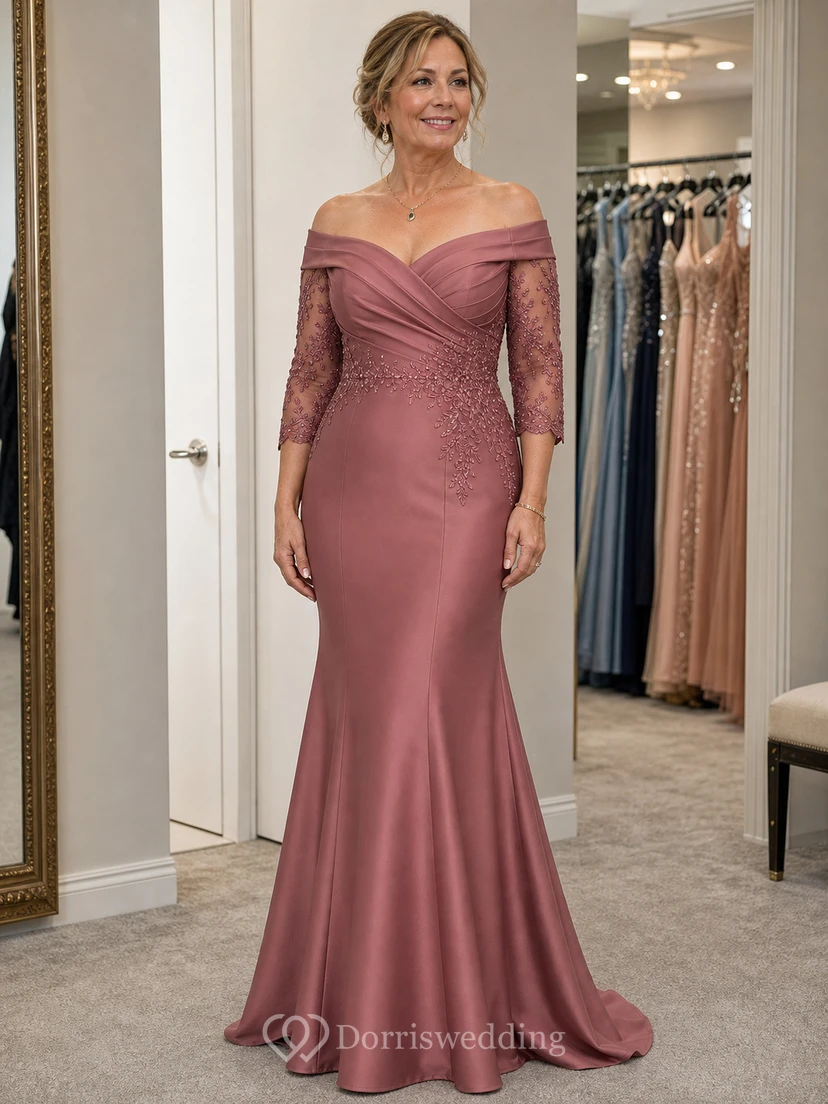 Burgundy Off Shoulder Mermaid Mother Gown Burgundy Off-the-shoulder Sweetheart Mermaid Floor-length Sweep Train view 9