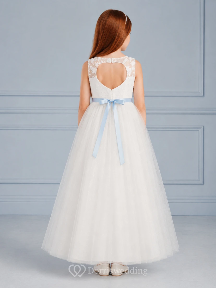 Blue Sash Lace Bodice Tulle A-Line Flower Girl Dress with Jewel Neck, Tea-Length Skirt and Sash Detail view 2