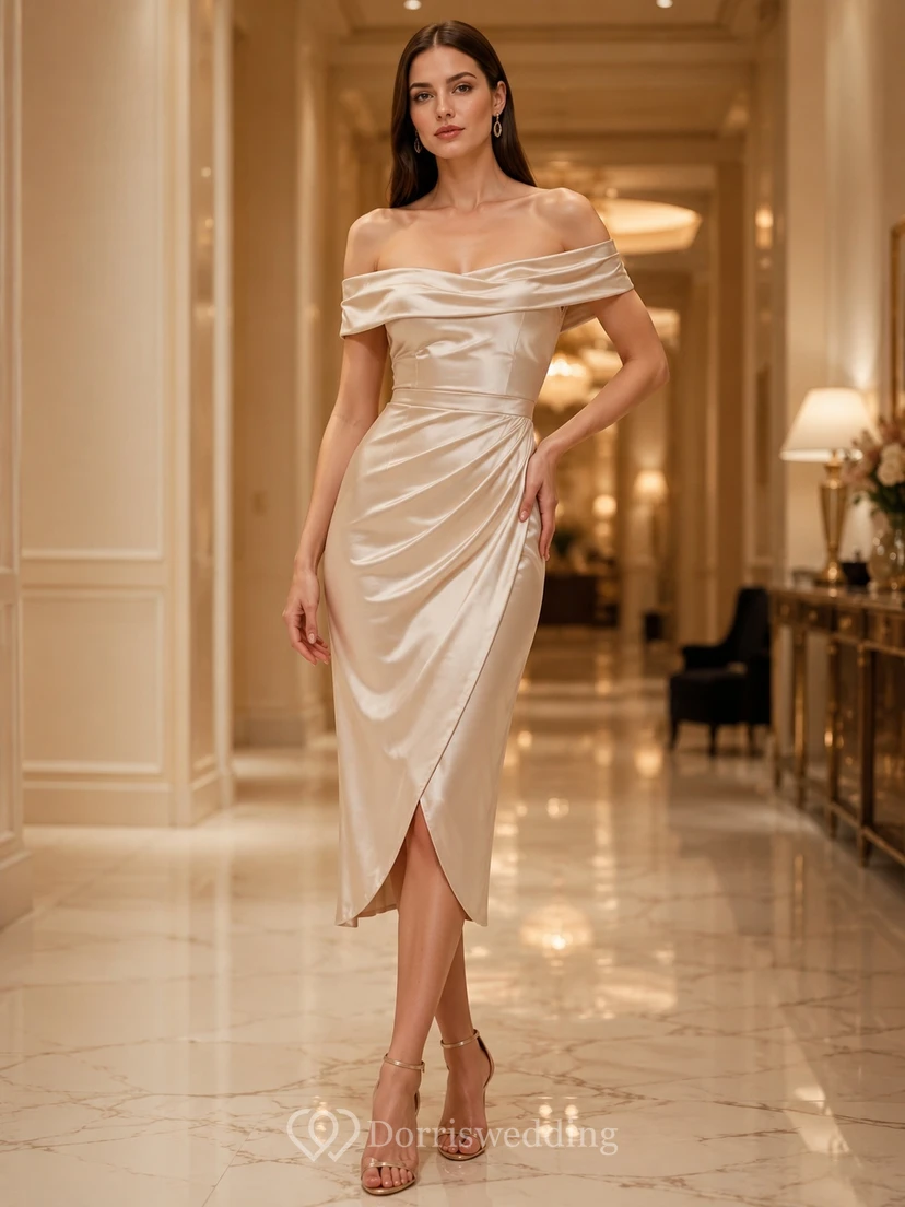 Champagne Off-Shoulder Cowl Ruched Satin Asymmetrical Pencil Reception Guest Dress