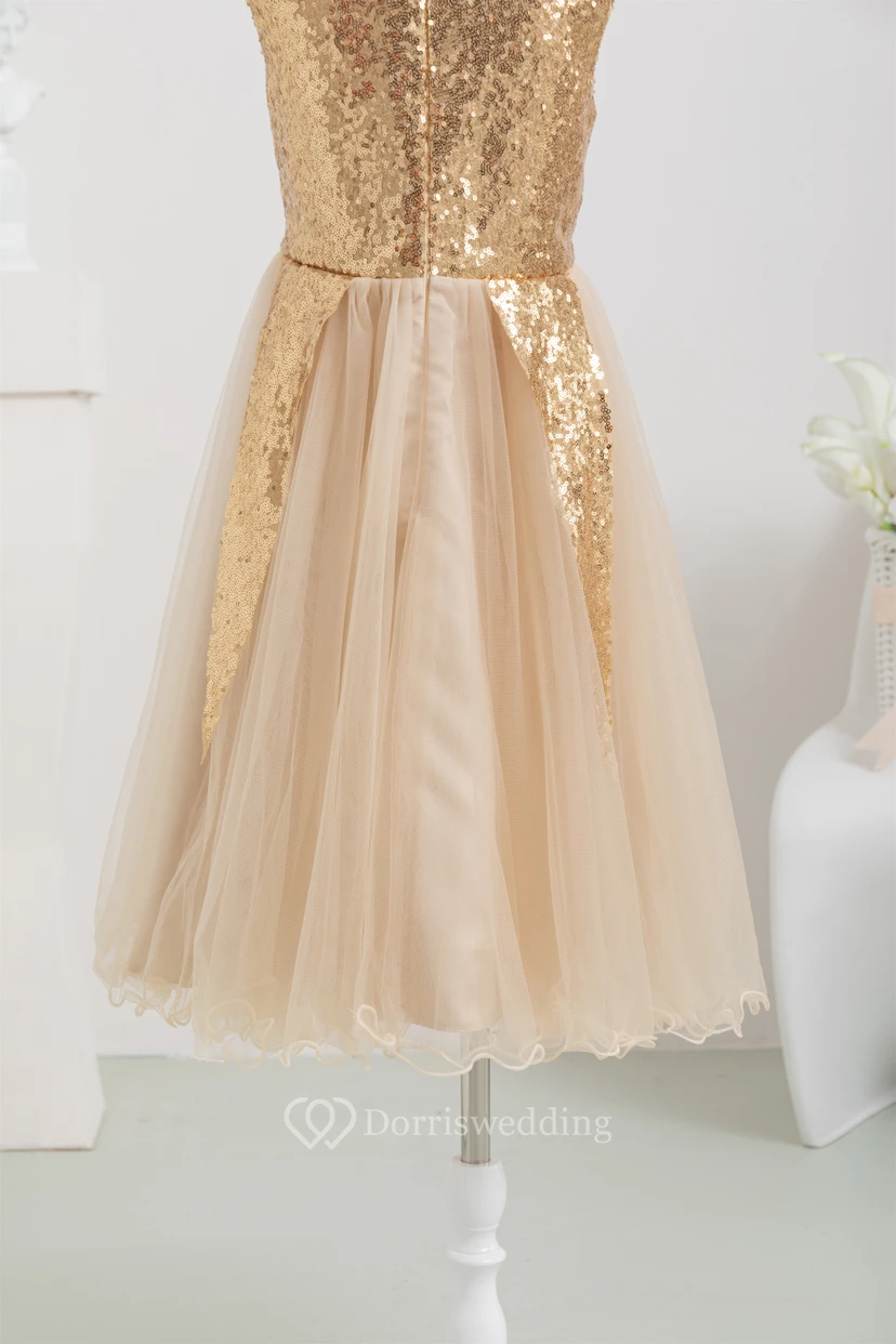 Sequin Tulle A-line Pleated Flowergirl Dress with Zipper Back view 8