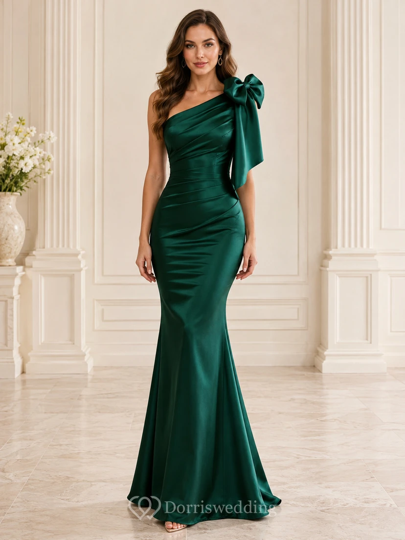 Dunkelgrünes, einseitig schulterfreies Meerjungfrauen-Abendkleid aus Satin mit Schleife