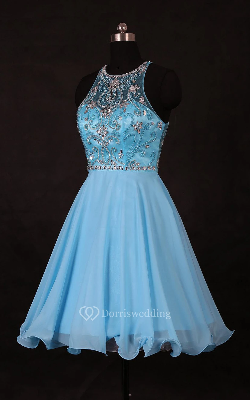 Mini Sleevelss Chiffon Dress With Beading And Keyhole Back view 2