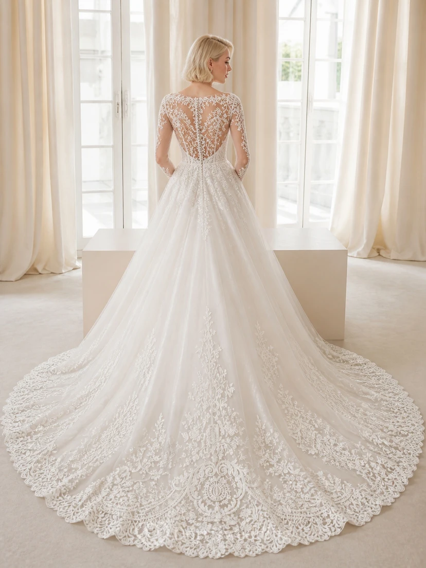 Vestido de novia de lujo estilo catedral, de manga larga, con encaje floral y corte princesa. view 2