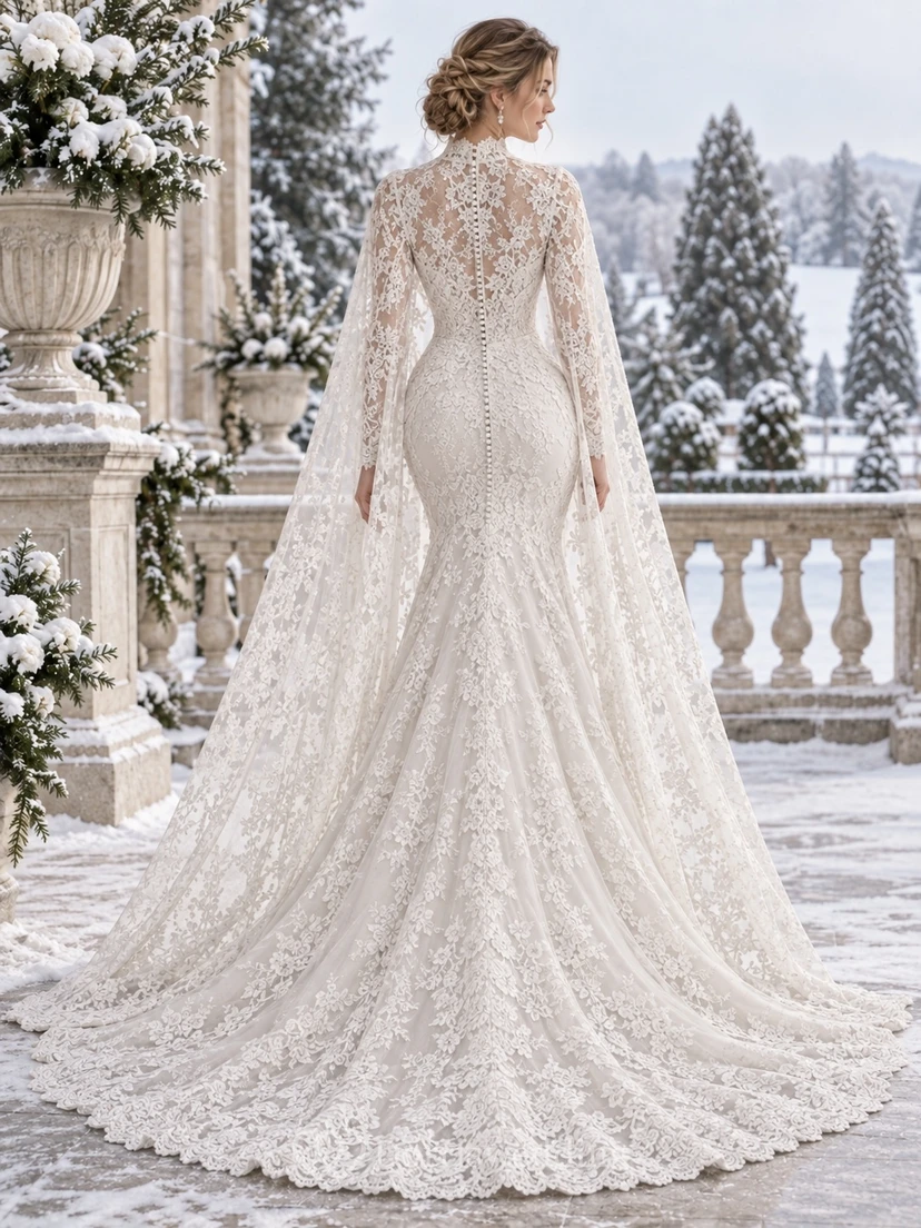Vestido de novia vintage de corte A con cuello alto, manga larga y capa de encaje view 2