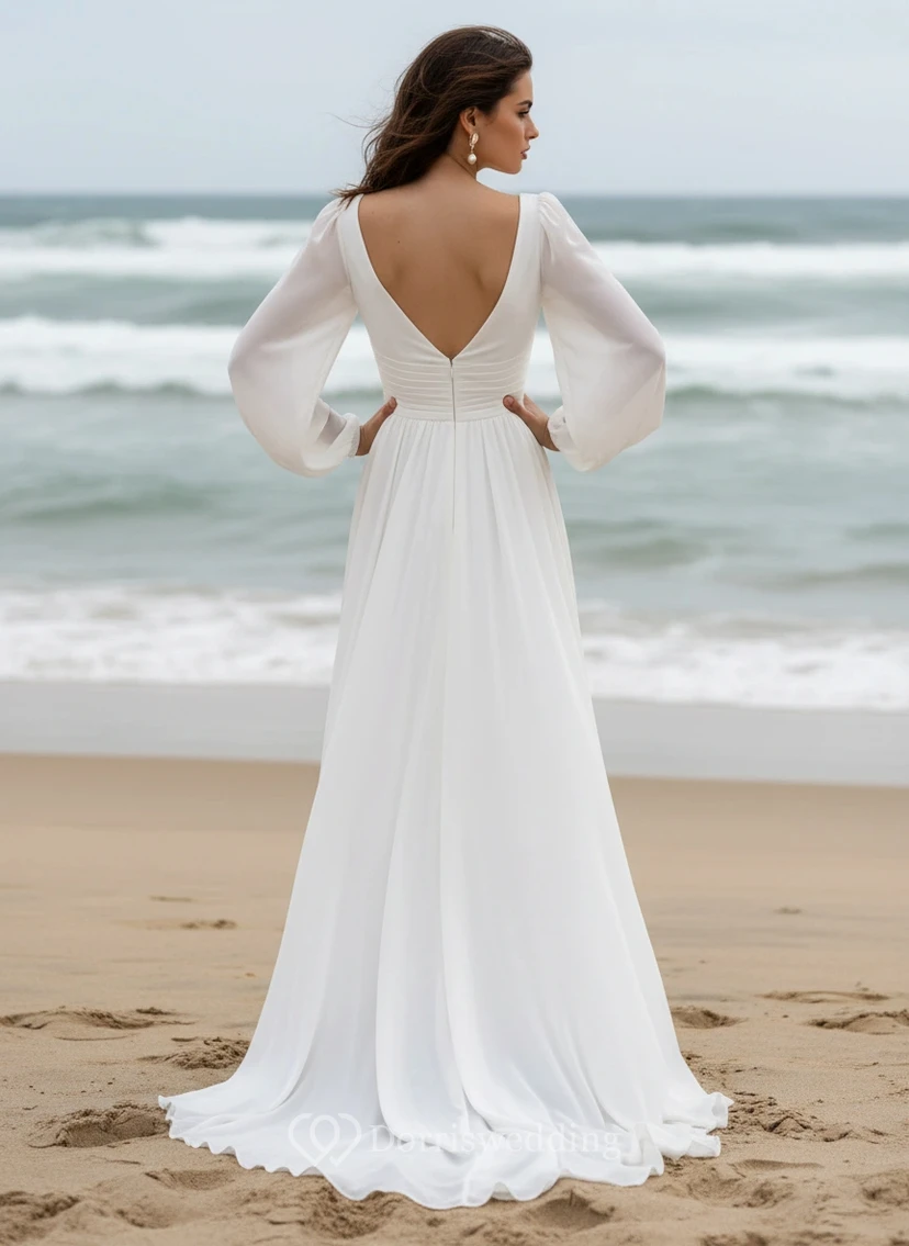 Flowy Chiffon V-Neck Long Sleeve High-Slit Beach Wedding Dress view 2