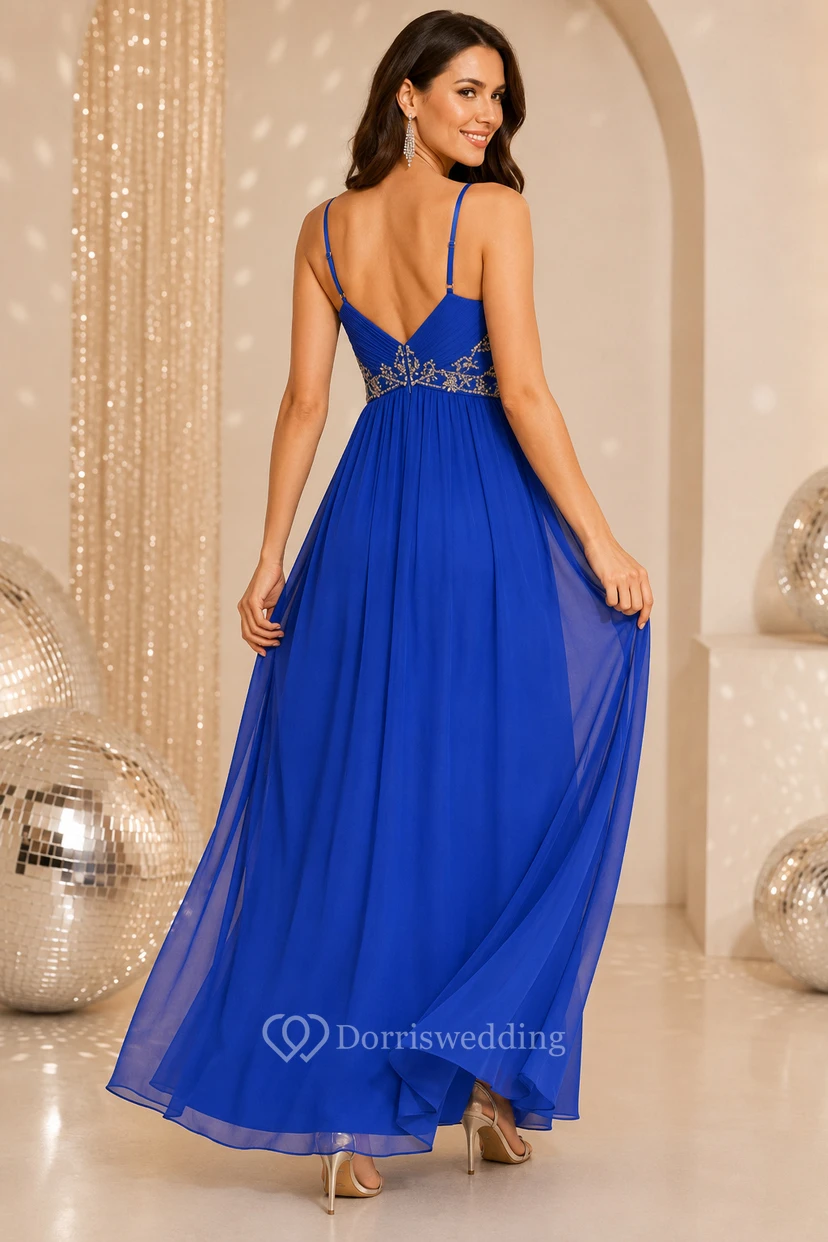Königsblaues Chiffon-Abendkleid in A-Linie mit Spaghettiträgern und perlenbesetztem Oberteil view 2