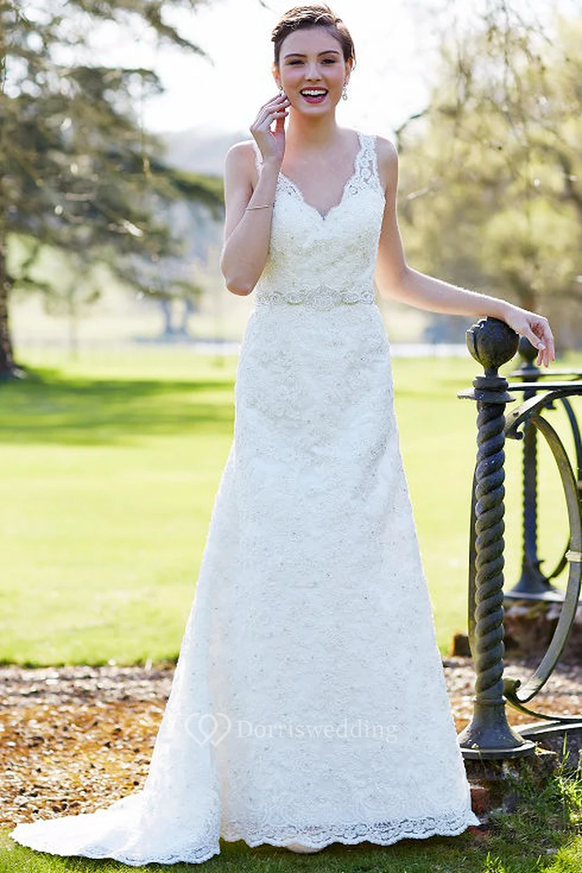 Sheath Floor-Length Sleeveless Appliqued V-Neck Lace Wedding Dress With Waist Jewellery view 4