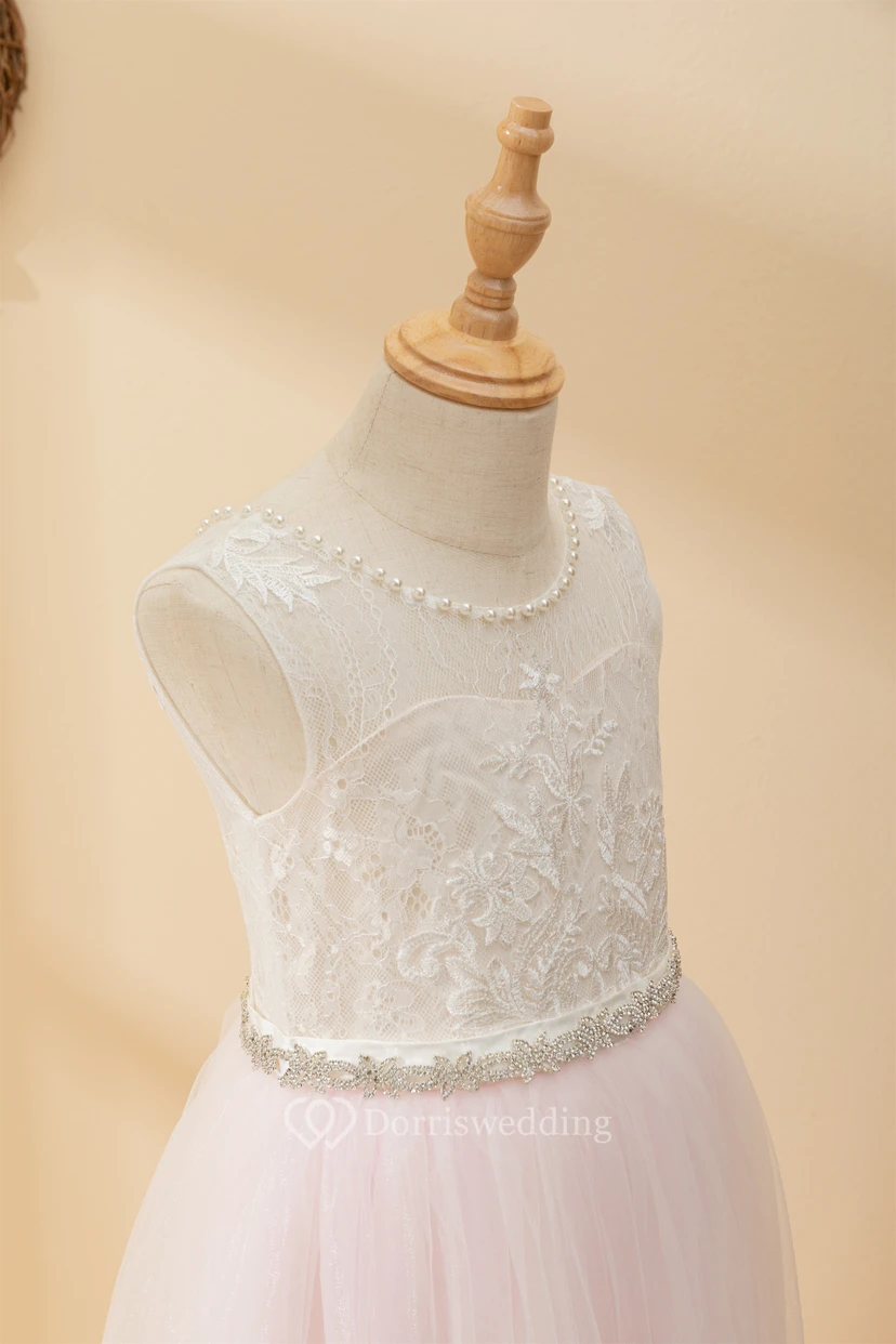 Angel Lace Scoop-neck Sleeveless Tulle Beaded Applique Flowergirl Dress view 9