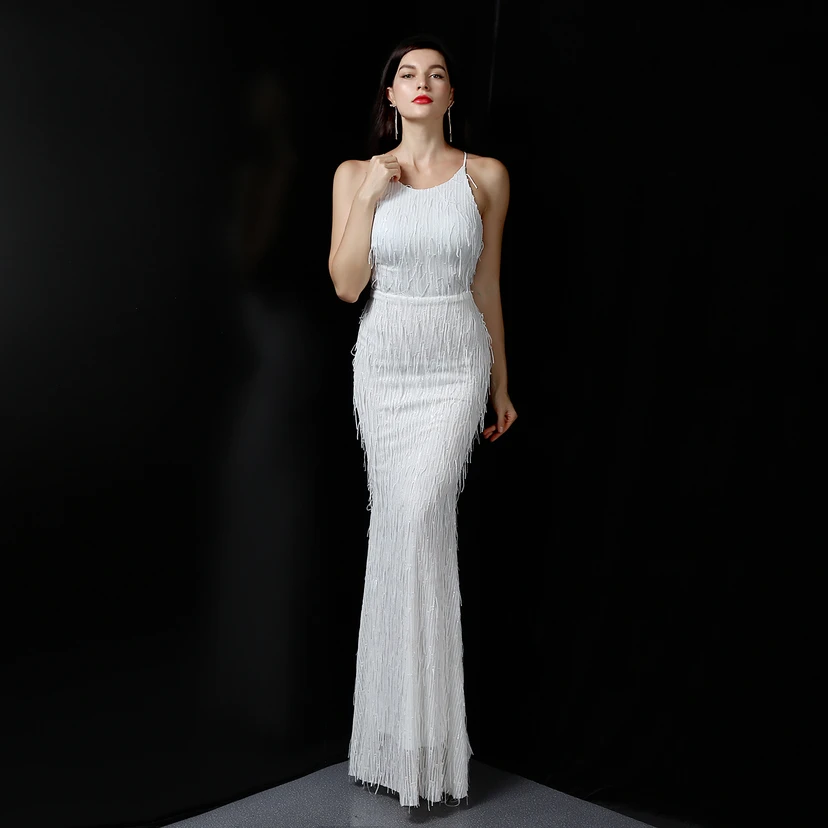 Vestido de noche elegante con borla de hilo de seda de poliéster y lentejuelas estilo cola de pez para banquetes, reuniones y eventos. Ideal para anfitriones. Modelo de coche. Otoño. video preview