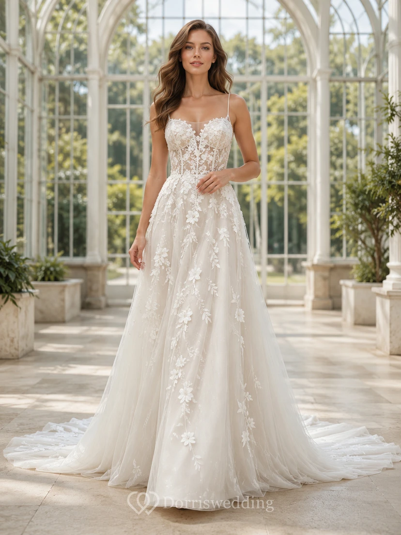 Robe de mariée fluide de luxe, coupe trapèze, en dentelle florale et spaghetti, avec traîne chapelle.