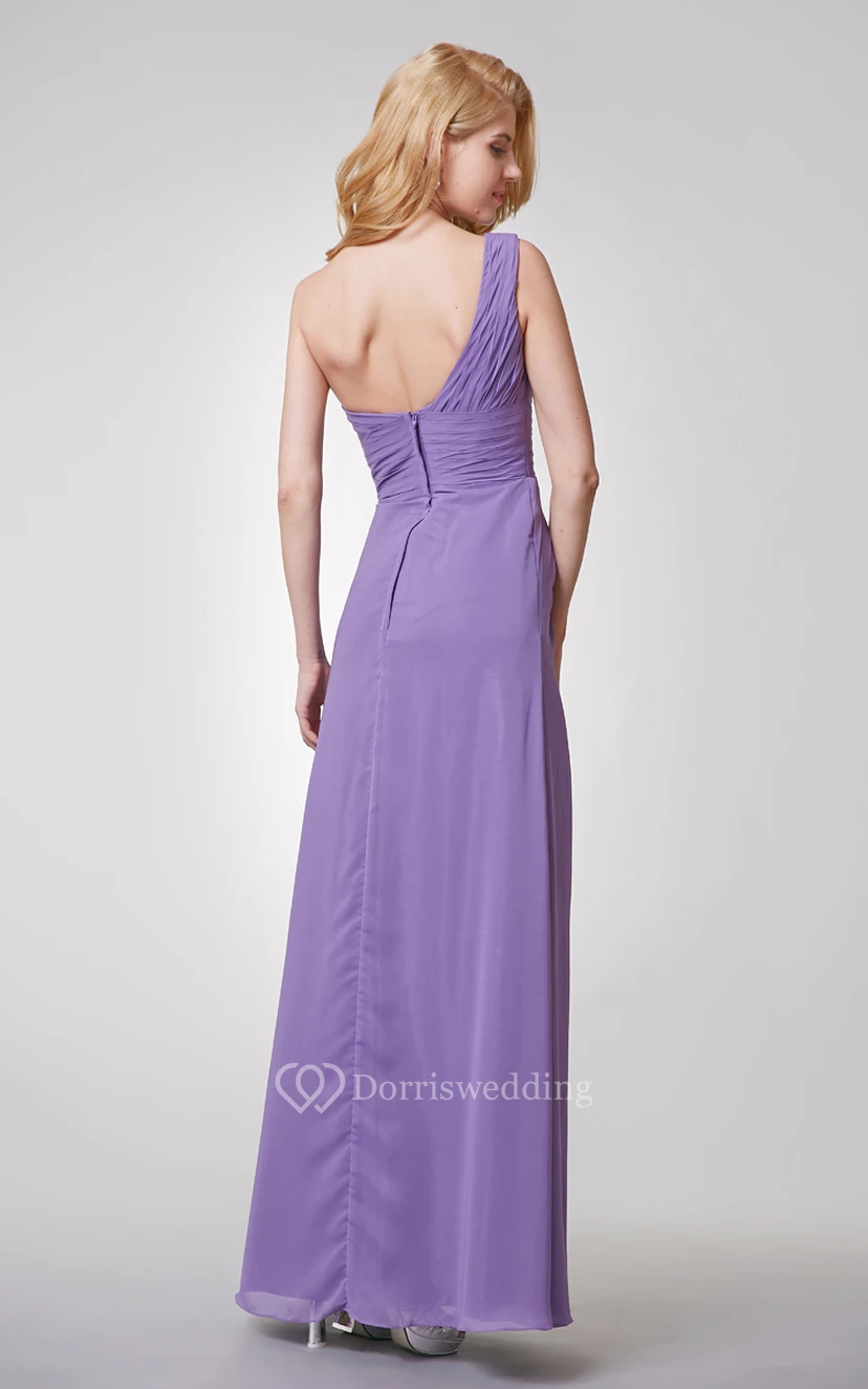 One Shoulder Ruched A-line Long Chiffon Dress view 2