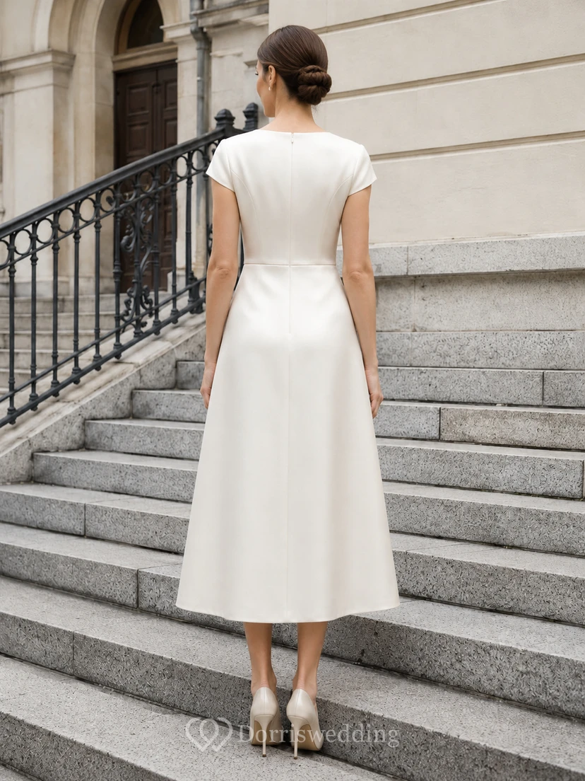 Vestido de novia civil midi de satén con escote en V y mangas cortas view 2