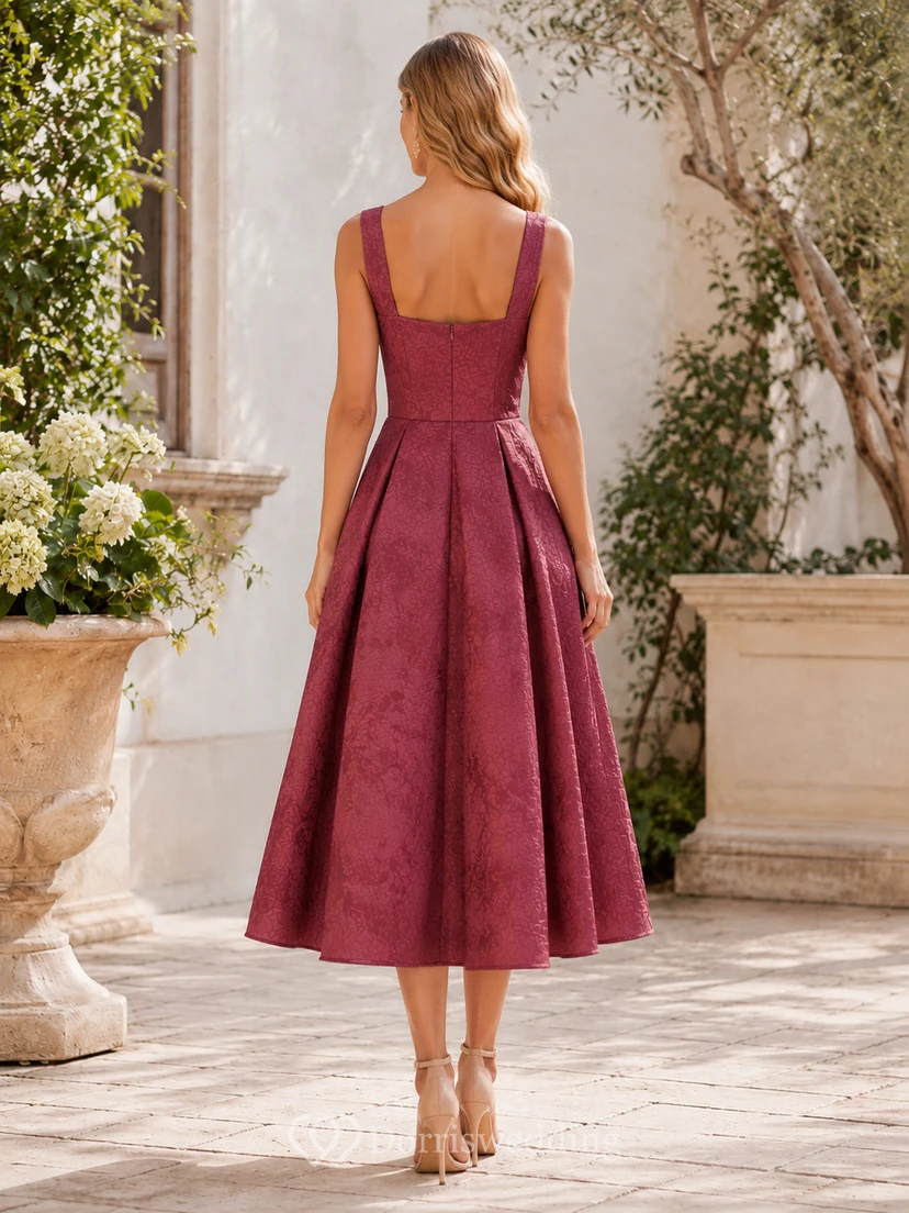 Dusty Rose Square Strap Jacquard A-Line Tea Wedding Guest Dress view 2