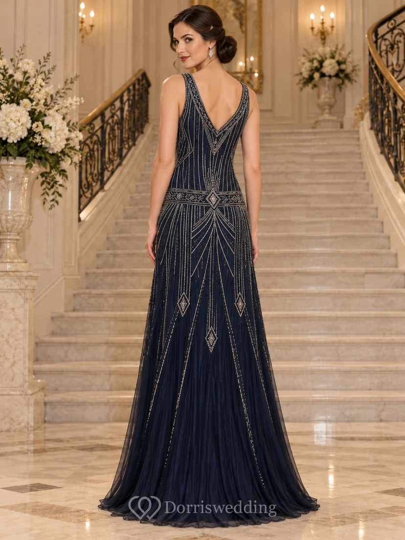 1920s Dark Navy V-neck Geometric Beaded Sleeveless Long Prom Dress view 2