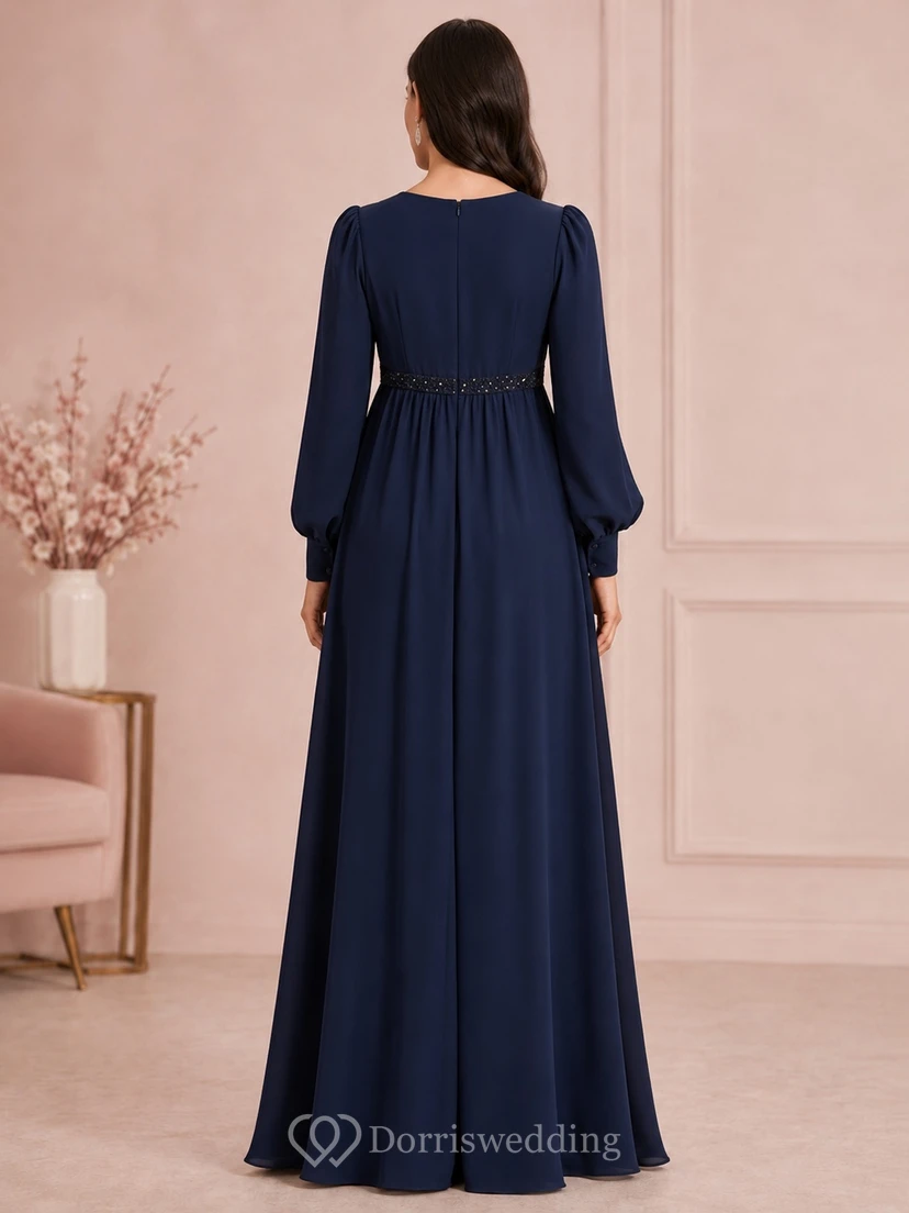 Maternity Long Sleeve Dark Navy Jewel Neck Chiffon Empire A-Line Floor-Length Formal Dress view 2
