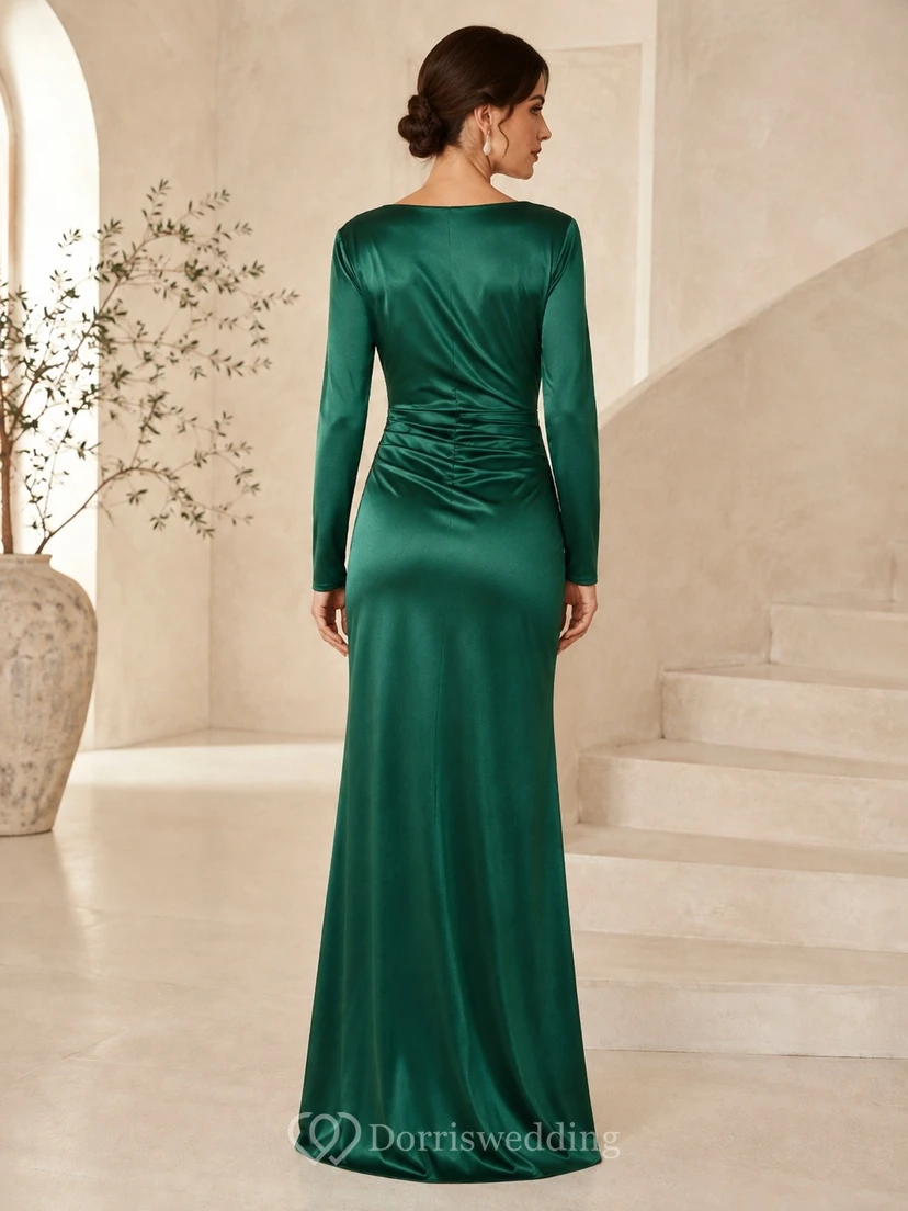 Dark Green Cowl Neck Long Sleeve Ruched Satin Sheath Gown view 2