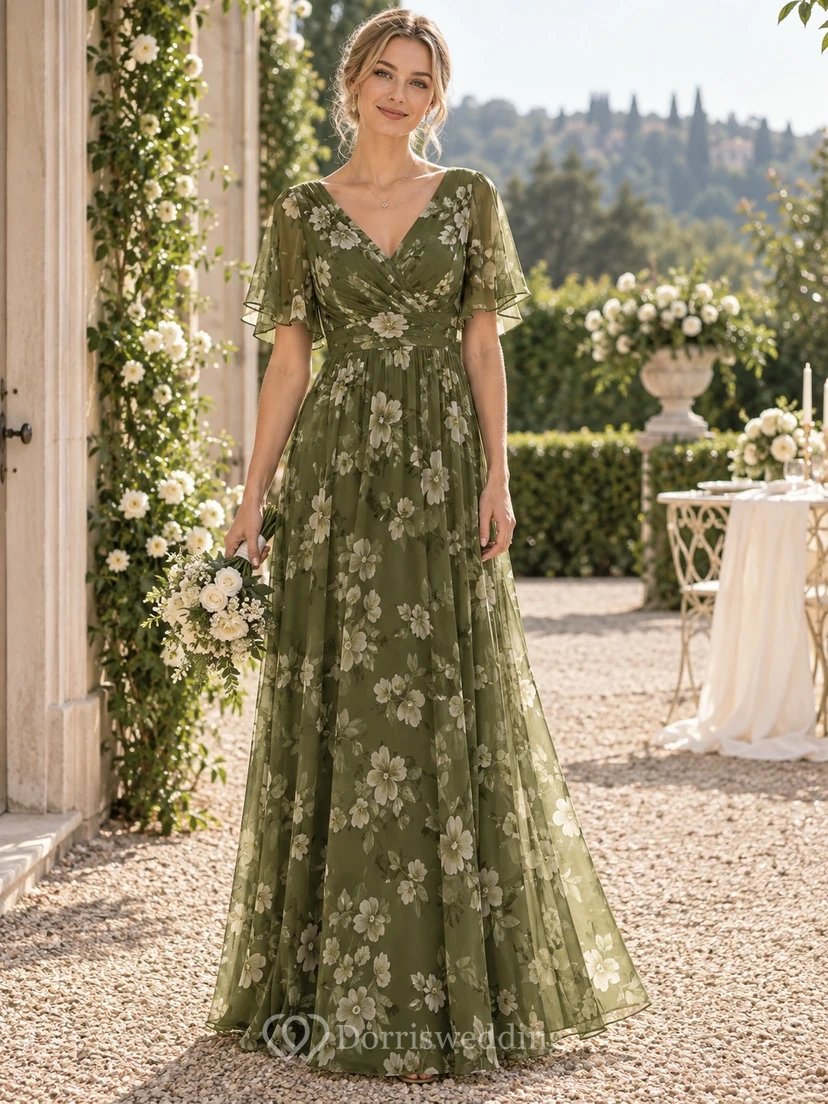 Dunkelgrünes, olivgrünes Chiffon-Brautjungfernkleid mit Blumenmuster, eckigem Ausschnitt, flatternden Ärmeln und bodenlanger Länge view 2
