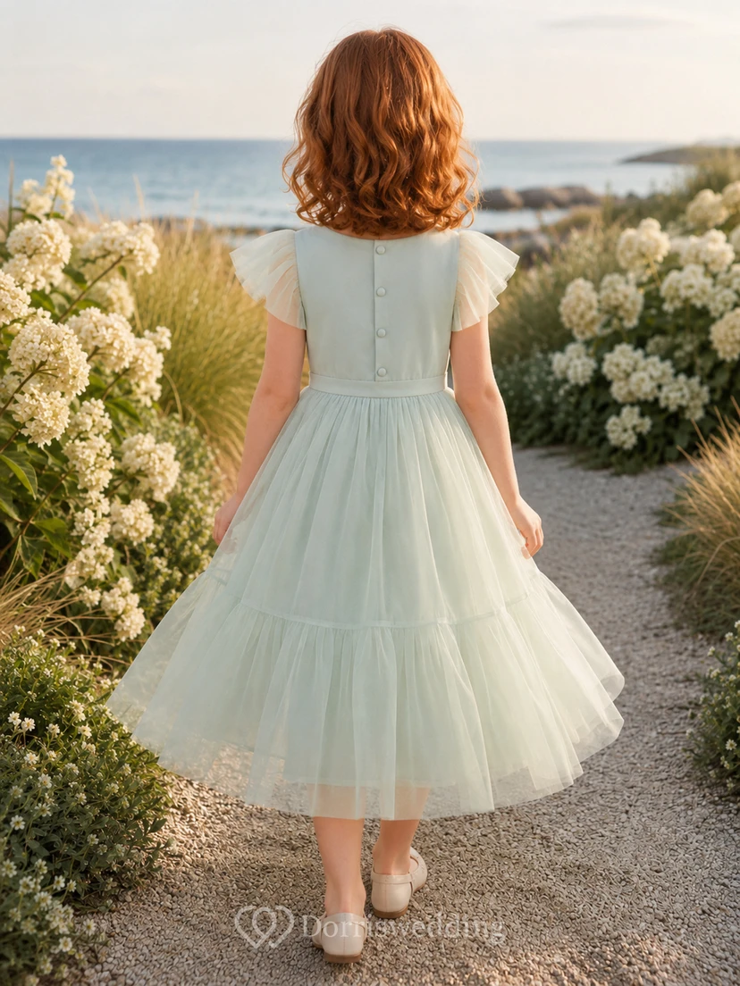 Blumenmädchenkleid mintgrün, Tüll, A-Linie, Volantärmel, Rundhalsausschnitt, Teelänge, Rüschenbesatz view 2
