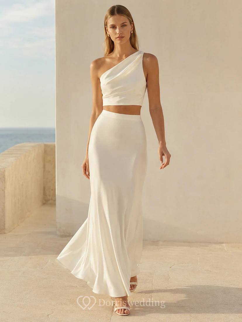 Simple Bridal Two Piece One Shoulder Backless Satin Sheath Floor Beach Wedding Outfit